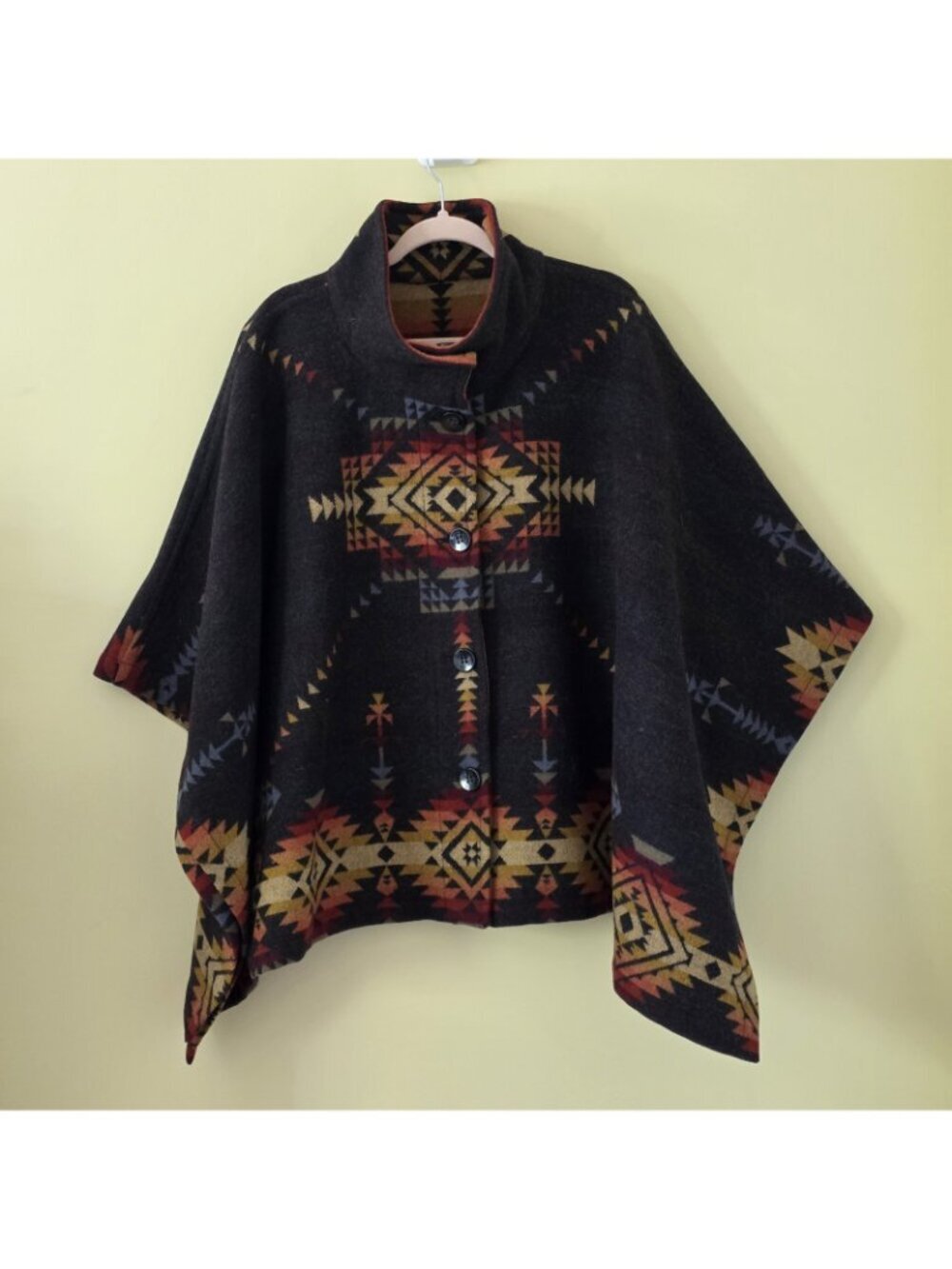 Reversible Wool Cape Poncho OS Southwestern Geometric Aztec Button Jacket Button - Picture 5 of 15
